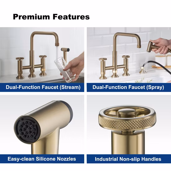 Aquacubic Swiveling Spout Solid Brass Bridge Bar Faucets, 2 Handle with Side Sprayer for Kitchen